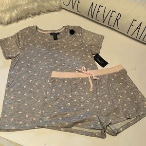 Rene Rofe Sleepwear PJ 2pc gray/pink hearts sleep short set Women’s L NEW